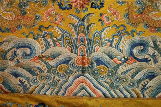 A Chinese Imperial yellow silk dragon throne seat cushion cover, Qing dynasty, 18th / 19th century, 90 x 126cm